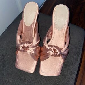 ASOS DESIGN Norbiton satin twist mules in beige